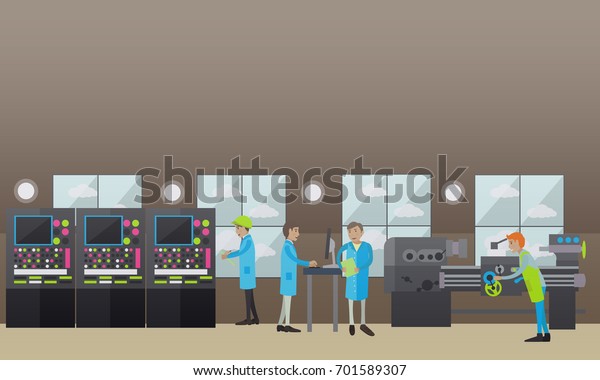 Illustration of factory turner\
using turning machine to make metal parts. Engineer and other\
factory workers controlling production flat style design\
elements.
