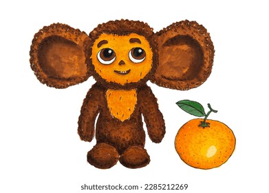 Illustration of a fairy tale cartoon character. A ripe tangerine is drawn next to it. Isolated on white background.