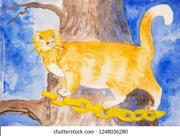 Illustration To A Fairy Tale. Cat Walks On A Gold Chain Around An Oak Tree