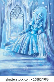 Illustration to the fairy-tale of Hans Andersen the "Snow queen": the Snow queen sits on a throne