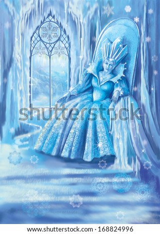 Illustration to the fairy-tale of Hans Andersen the "Snow queen": the Snow queen sits on a throne