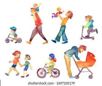A illustration of families, adults, children and babies take a walk. Family on the street walking, cycling isolated on white background. Character set.
