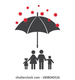 Illustration Family With Children Under The Umbrella In House To Avoid Virus Attack On A White Background