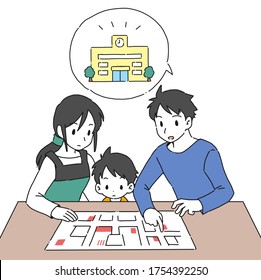 
Illustration Of A Family Confirming The Evacuation Site On A Map During A Disaster