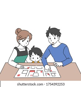 
Illustration of a family confirming the evacuation site on a map during a disaster