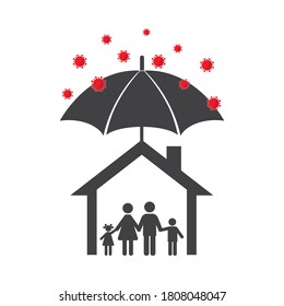 Illustration Family Under The Umbrella In House Avoid Virus Attacks. On A White Background