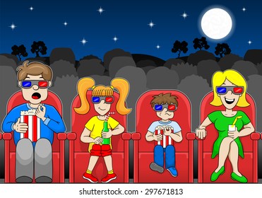 Illustration Of A Family Is Watching A 3D Movie In An Outdoor Cinema