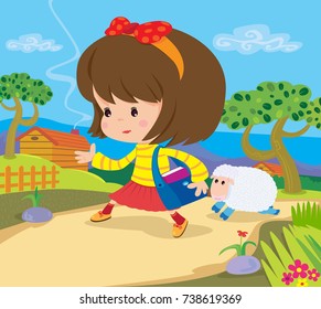 Illustration Of The Famous NURSERY RHYME Mary Had A Little Lamb