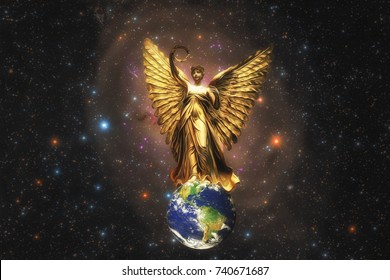 Illustration Fantasy Art of A Beautiful Golden Angel Spreads Her Wings over The Globe with Universe and Stars Background, Elements of The Globe and Universe furnished by NASA