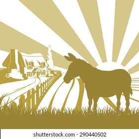 An illustration of a farm house thatched cottage in an idyllic landscape of rolling hills with a donkey in silhouette standing in the foreground