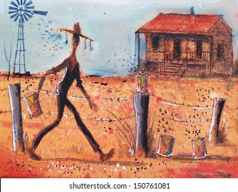 Illustration Of Farmer In Australian Outback Setting Fly Traps Along Fence Line. In The Background Is An Old Homestead. 