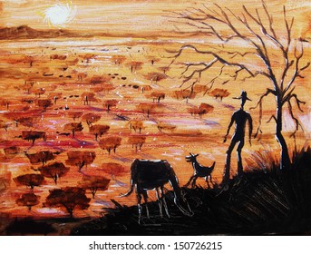 Illustration Of Farmer With Dog And Horse, At Sunset In The Australian Outback. The Landscape Is Arid, And The Vegetation Sparse. 