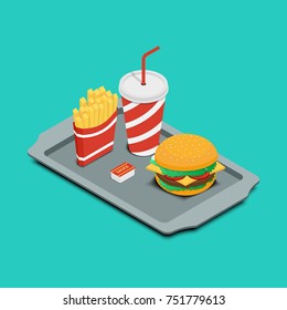 illustration. Fast food icon. Tray with burger, French fries and a drink. Isometry, 3D.