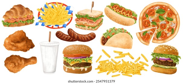 Illustration of fast food items: burgers, fries, sandwiches, pizza, hot dogs, tacos, and fried chicken. Fast food variety with burgers and fries.  Fast food illustrations isolated on white background. - Powered by Shutterstock