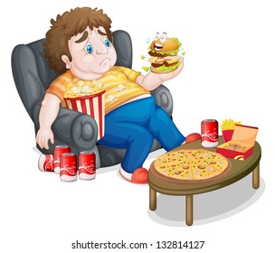 Illustration of a fat boy eating on a white background