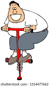 Illustration Of A Fat Man Jumping Up And Down On A Red Pogo Stick.