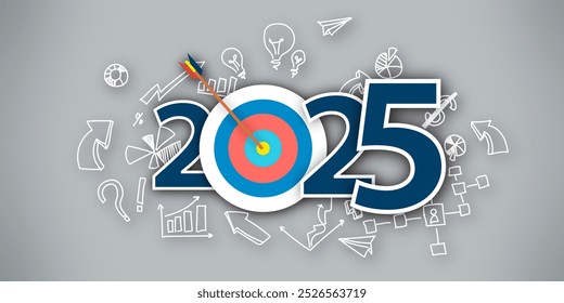 An illustration featuring the year 2025 with a target and creative business concepts on a gray background. 3D Rendering - Powered by Shutterstock