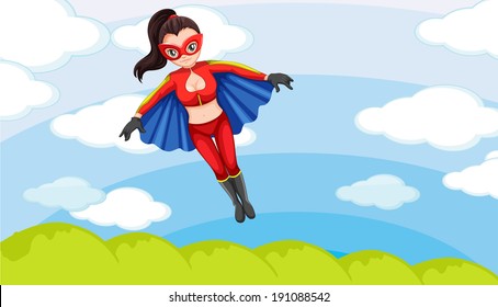 Illustration of a female superhero in the sky