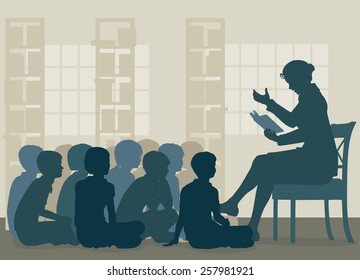 Illustration of a female teacher reading a story to her pupils sitting on the floor