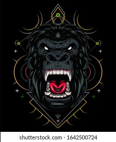 Illustration, Ferocious The Gorilla Head With Sacred Geometry, Angry Gorilla Face On Black Background