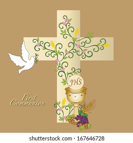 Illustration For First Communion With Cross, Dove And Chalice