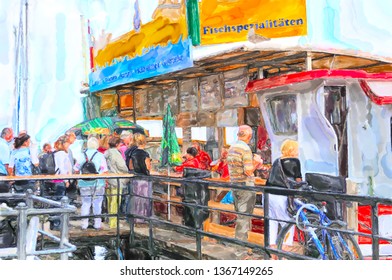 Illustration Of Fish Burger Market Stall On A Ship In Town Warnemunde At Baltic Sea. Blue German Words In Yellow Ground Means In English Special Fish Food.