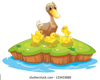 Illustration the five ducks in an island white background