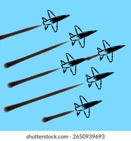 Illustration of five jets performing a coordinated airshow flight. Clean and powerful black shapes convey motion and teamwork.