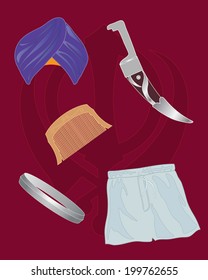 An Illustration Of The Five K's Of Sikhism Kesh Kirpan Kangha Kara And Kachera Which Are Turban For Uncut Hair Dagger Comb Bracelet And Undergarment On A Maroon Background 