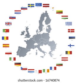 Illustration Of Flags Of The 27 Members Of The European Union As Of 2008 Plus NATO And The EU Spread In A Circle Around The Countries' Map.