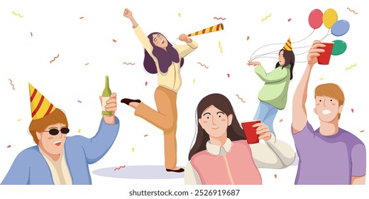 Illustration in flat cartoon style, group of young people celebrating new years party on white background. Friends celebrate Christmas together. Happy men and women on New Year party. - Powered by Shutterstock