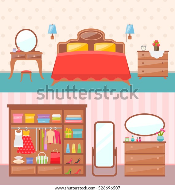 Illustration Flat Design Bedroom Interior Dresser Stock