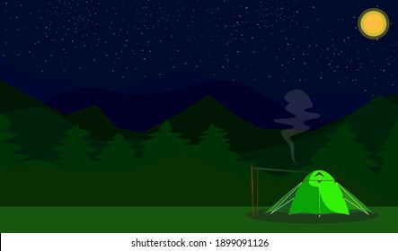 Illustration Flat Design Camping In Night Forest And Mountains With Moon And Stars Sky Concept Living Inside A Green Tent In Peaceful Nature.
