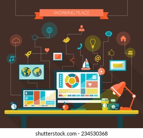Illustration of flat design composition with work place