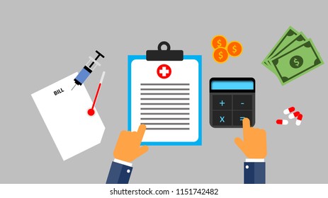 Illustration Of Flat Design Of Payment On Medical Bill. Medical Concept.