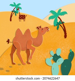  Illustration in flat papercut style of proud camel in the desert.
Cute funny african animals design for cards, backgrounds, websites, decoration of children's rooms and clothes
