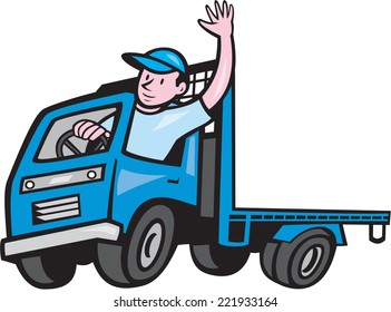 Illustration Of A Flatbed Truck With Driver Waving Hello On Isolated White Background Done In Cartoon Style. 