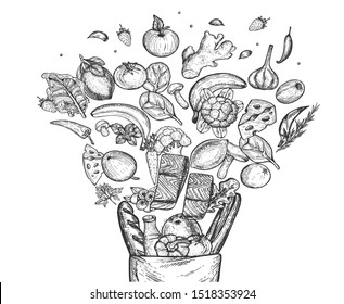 illustration of floating healthy groceries composition set. Cheese, milk, bread, fish, fresh fruits, berries, mushrooms, herbs and vegetables in eco paper bag. Vintage hand drawn style. - Powered by Shutterstock