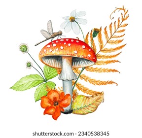 Illustration with fly agaric,dry leaves,herbs. Forest mushroom isolated on white background - Powered by Shutterstock