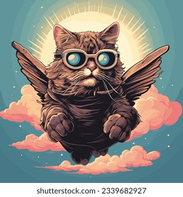illustration flying cat wearing glasses and two wings  Vector illustration for tshirt  sticker  poster  card  banner  flyer   cover book 