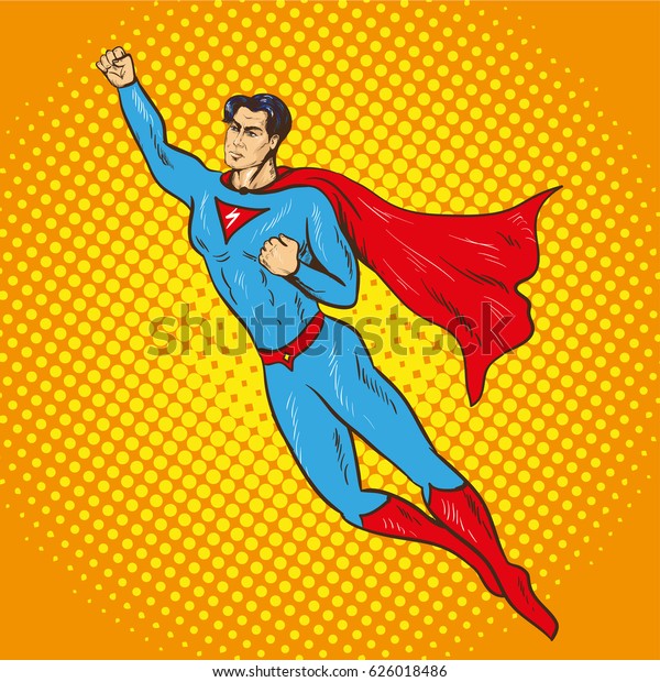 レトロなポップアート漫画スタイルのスーパーマンを飛び上がらせるイラスト スーパーヒーロー 世界の救世主 のイラスト素材