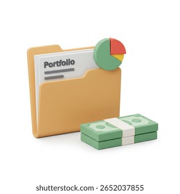 Illustration of a folder with portfolio document, pie chart and money, representing investment management strategies and growth suitable for business and finance presentations.