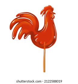 illustration in folk style. Sugar caramel on a stick Cockerel. The illustration is perfect for a poster, stickers, postcards. Size 40*40 cm 300 dpi