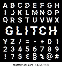 Illustration of a font with letters, numbers, signs, and symbols on a black background. Generated with glitch effect. Abstract background. - Shutterstock ID 1435674128