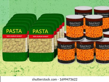 An Illustration Of A Food Cupboard With Stockpiled Packets Of Pasta And Tins Of Baked Beans.