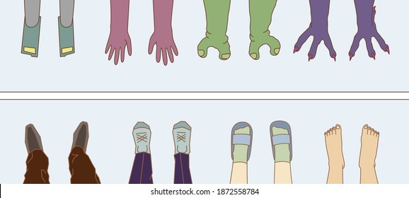 illustration of foot top view set stand behind white line - Shutterstock ID 1872558784