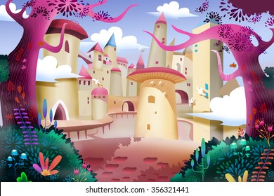 Illustration: Forest Castle. Realistic Fantastic Cartoon Style Artwork Scene, Wallpaper, Story Background, Card Design
