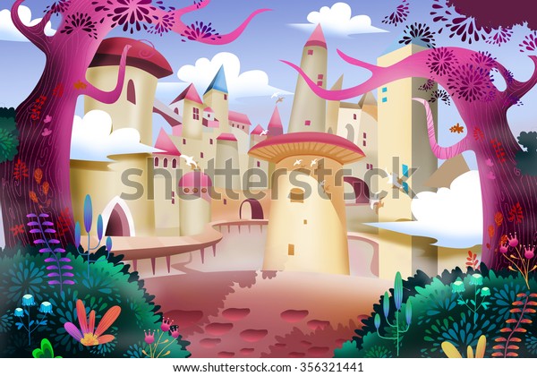 イラスト 森の城 リアルなマンガ風のアートワークシーン 壁紙 ストーリーの背景 カードデザイン のイラスト素材