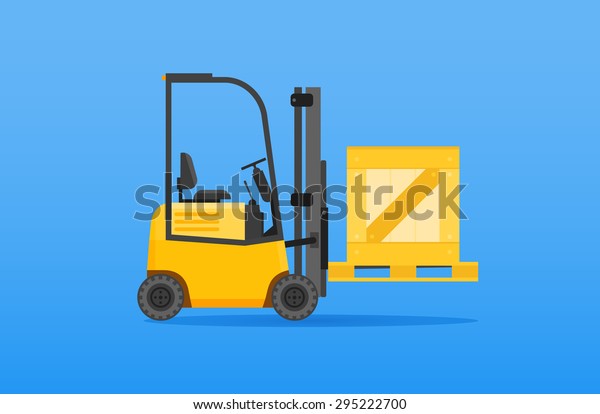 Illustration of a forklift truck with wooden\
crate on blue\
background