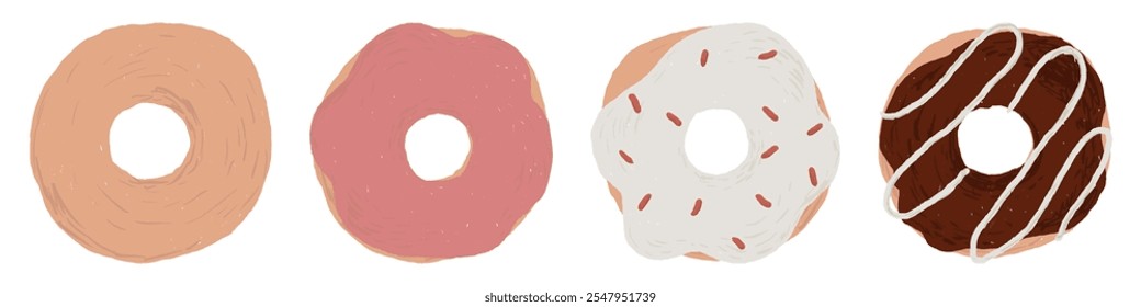 Illustration of four donuts with different toppings: plain, pink glaze, white with sprinkles, and chocolate with drizzle. Donuts, glaze, sprinkles, chocolate. Cute food illustrations isolated on white - Powered by Shutterstock